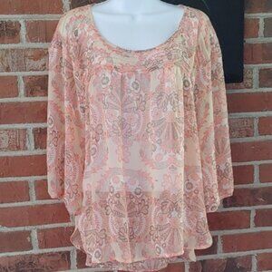 LC Lauren Conrad Pink 3/4 Sleeve Sheer Boxy High Low Blouse Size XL